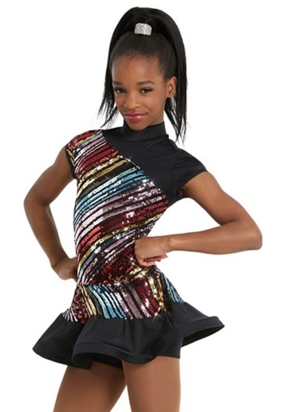 Weissman Girls Black Leotard Dress with Rainbow Sequins Size LC 14
